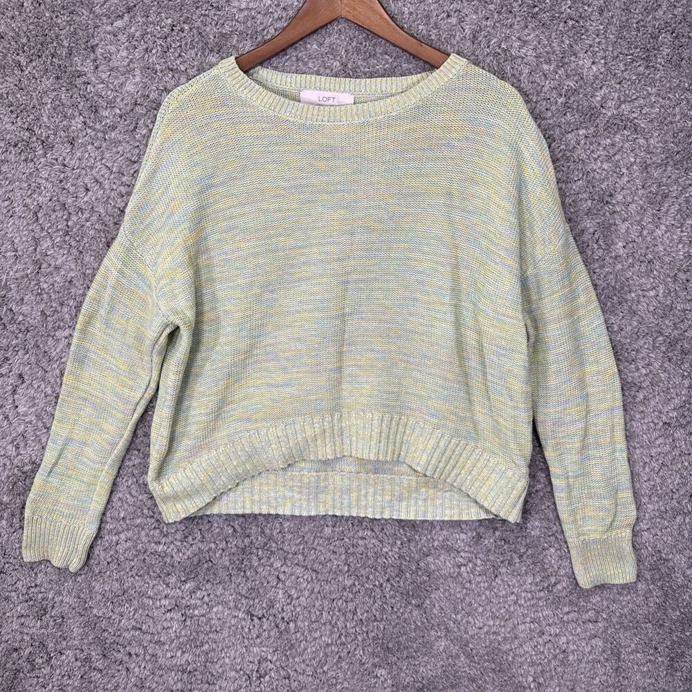 LOFT Women’s Boxy Colorful Rainbow Green Sweater Size Large 100% Cotton